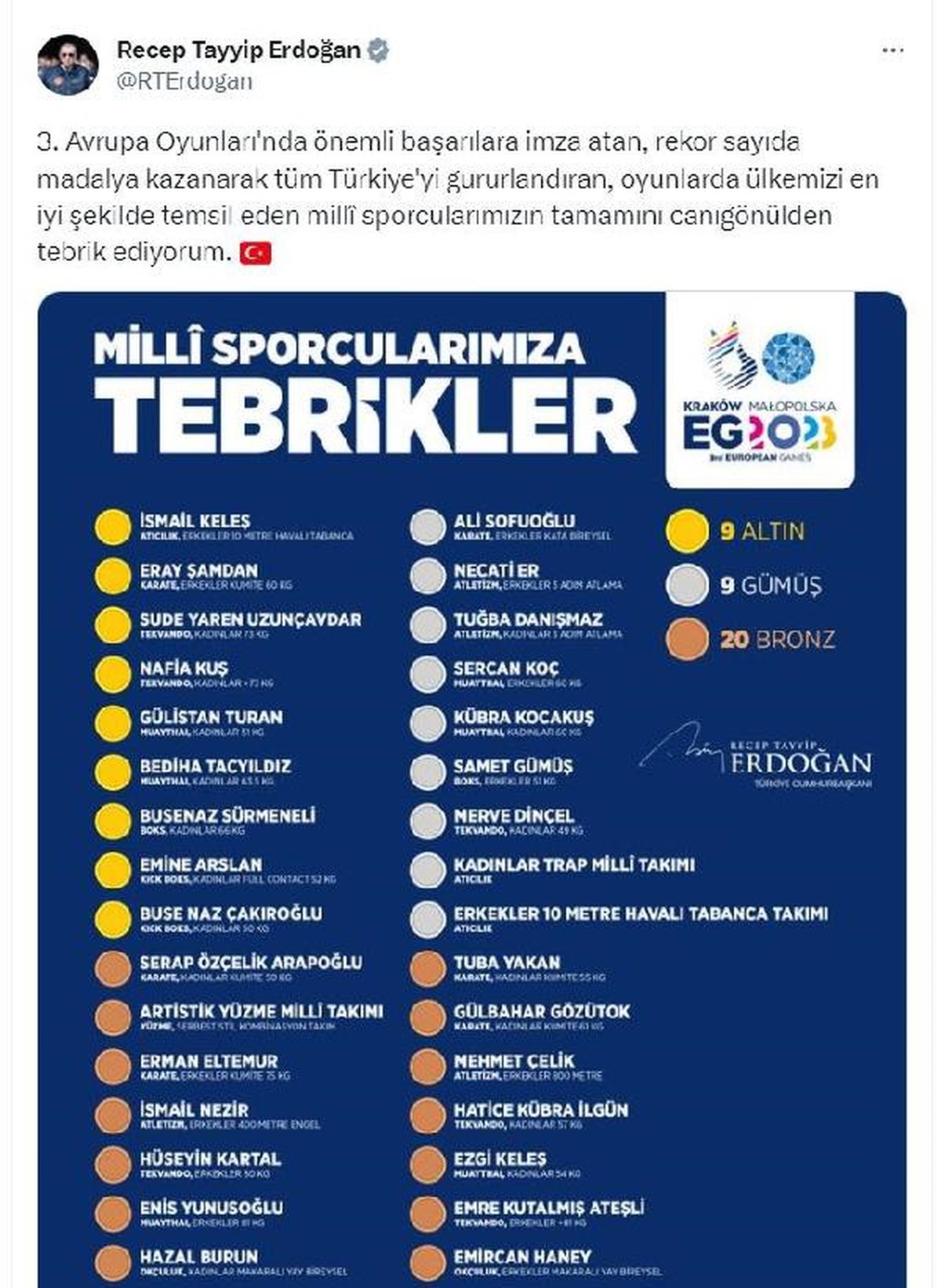 Cumhurbaşkanı Erdoğan, Avrupa Oyunları\'nda madalya alan milli sporcuları tebrik etti