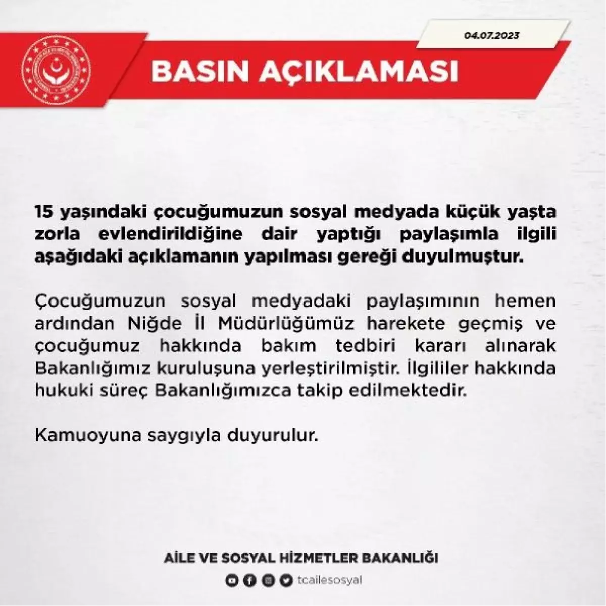 Bakanlık, 15 yaşındaki çocuğun zorla evlendirildiği iddiasıyla ilgili açıklama yaptı