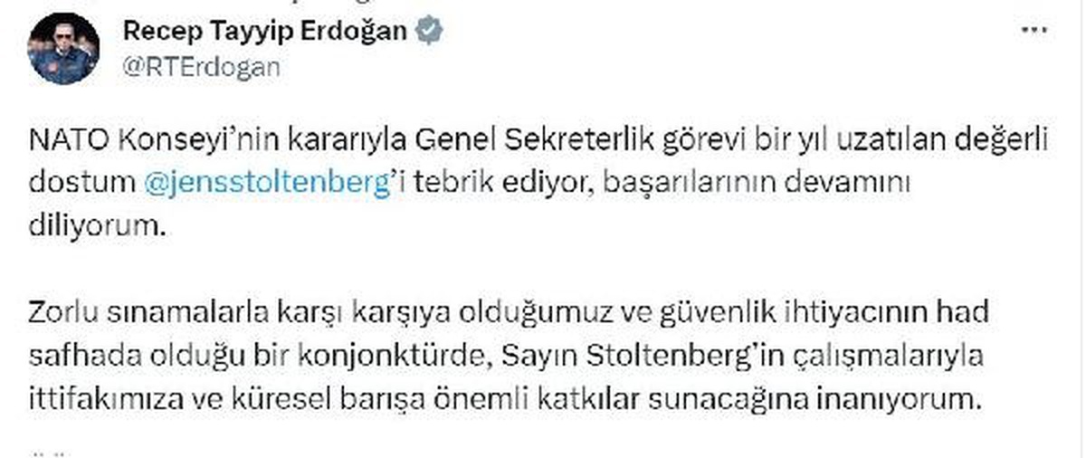 Cumhurbaşkanı Erdoğan, NATO Genel Sekreteri Jens Stoltenberg\'i tebrik etti