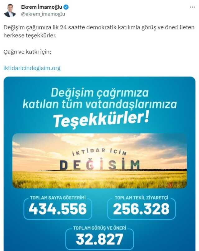 İmamoğlu rakamları paylaştı! 'İktidar İçin Değişim' sitesine ilk gün 32 bin 827 görüş ve öneri iletildi