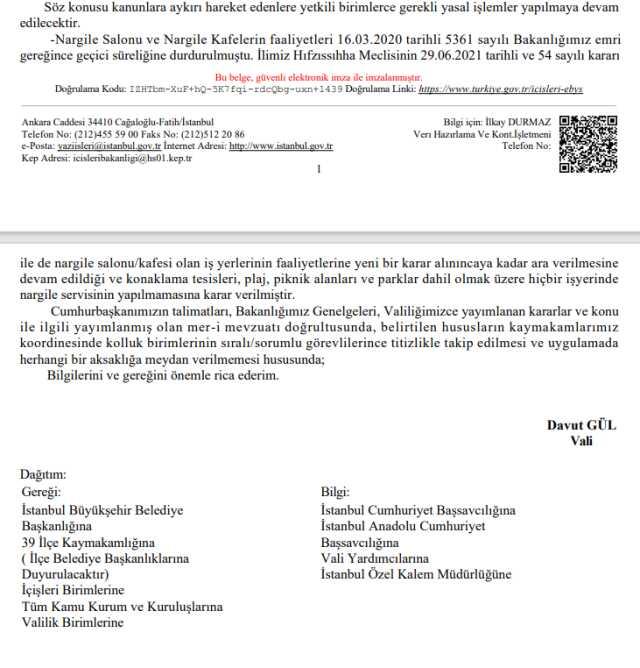 İstanbul Valiliği kafelerde nargile servisinin yasaklandığını duyurdu