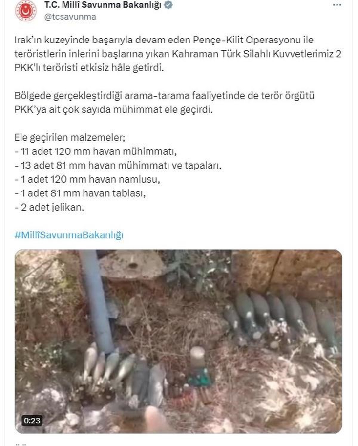 Milli Savunma Bakanlığı: Irak\'ın kuzeyinde 2 PKK\'lı terörist etkisiz hale getirildi