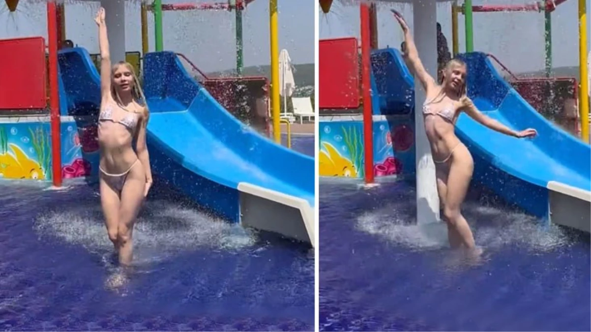 Aleyna Tilki, tanga bikinisiyle çocuk havuzuna girerek dans etti
