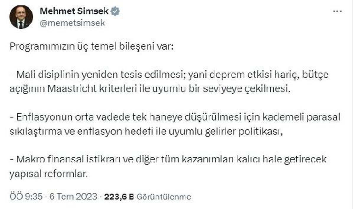 Mehmet Şimşek, ekonomi programının 3 temel bileşenini açıkladı