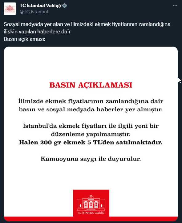 İstanbul Valiliği: Ekmek fiyatları ile ilgili yeni bir düzenleme yapılmamıştır