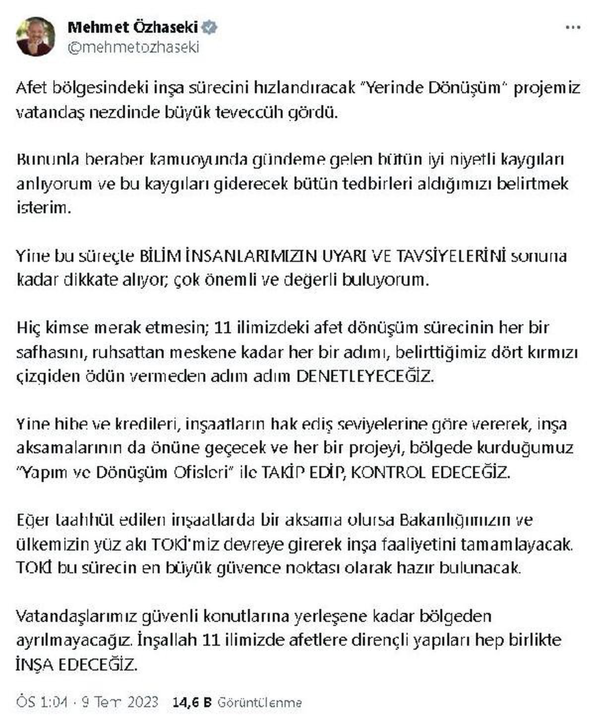 Özhaseki: Yerinde Dönüşüm Projesi adım adım denetlenecek