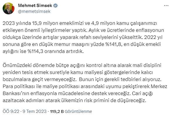 Mehmet Şimşek'ten memur ve emekli maaşlarına yapılan zamlara ilişkin ilk değerlendirme Mehmet Şimşek'ten memur ve emekli maaşlarına yapılan zamlara ilişkin ilk değerlendirme