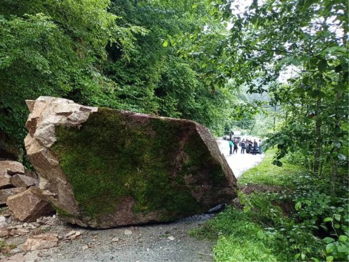 Rize\'de heyelan sonucu dev kaya yolu kapattı