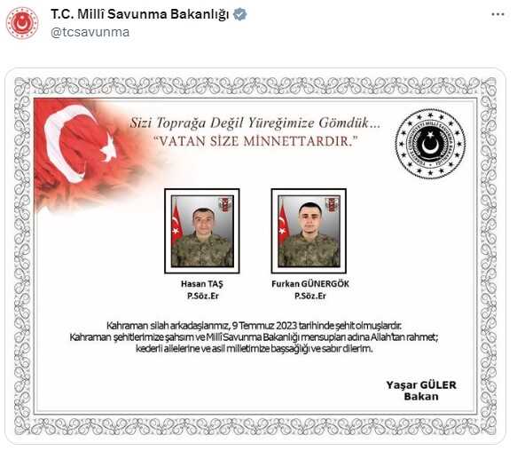 Son Dakika: Pençe-Şimşek Harekatı bölgesinde terör örgütü mensuplarınca açılan taciz ateşi sonucu 2 asker şehit oldu Son Dakika: Pençe-Şimşek Harekatı bölgesinde terör örgütü mensuplarınca açılan taciz ateşi sonucu 2 asker şehit oldu