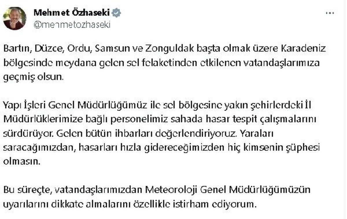 Bakan Özhaseki: Sel felaketinden etkilenen bölgelerde hasarları hızla gidereceğiz