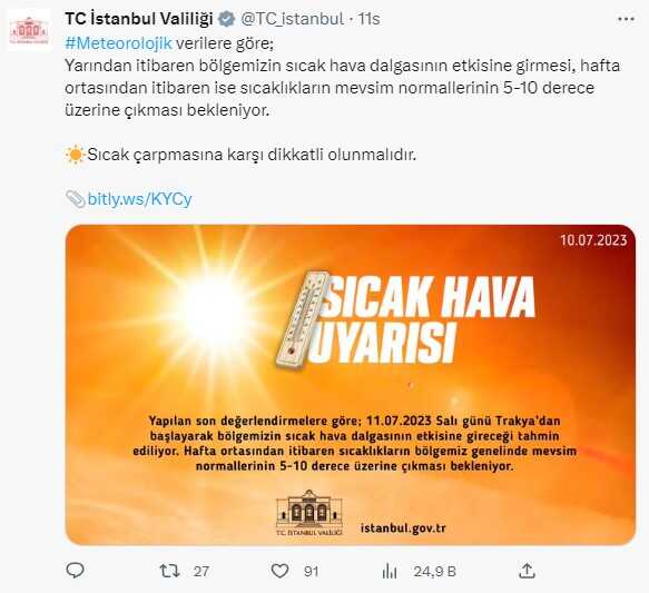 İstanbul Valiliğinden yüksek sıcaklık uyarısı İstanbul Valiliğinden yüksek sıcaklık uyarısı