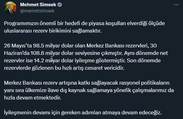 Son Dakika! Bakan Şimşek: Merkez Bankası rezervleri 108.6 milyar dolar seviyesine çıktı, bu hızlı artış cesaret verici