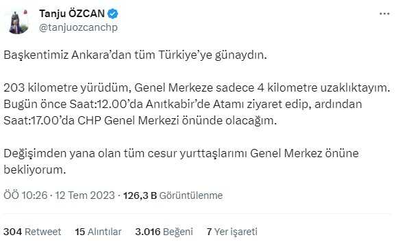 Bolu'dan Ankara'ya yürüyen Tanju Özcan'dan vatandaşlara çağrı: Saat 17.00'de CHP Genel Merkezi'nde buluşalım Bolu'dan Ankara'ya yürüyen Tanju Özcan'dan vatandaşlara çağrı: Saat 17.00'de CHP Genel Merkezi'nde buluşalım