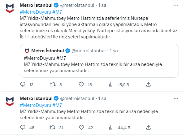 İstanbul'da Yıldız-Mahmutbey Metro Hattı'nda Arıza