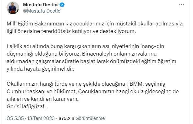 Destici'den Milli Eğitim Bakanı Yusuf Tekin'e destek: Tereddütsüz destekliyorun, kadın üniversiteleri ve hastanesi de açmalıyız