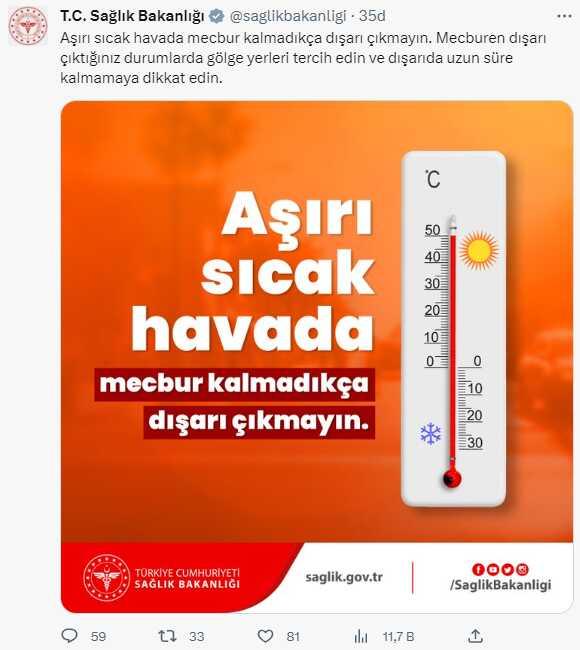 Sağlık Bakanlığı'ndan vatandaşlara 'sıcak hava' uyarı: Mecbur kalmadıkça dışarı çıkmayın Sağlık Bakanlığı'ndan vatandaşlara 'sıcak hava' uyarı: Mecbur kalmadıkça dışarı çıkmayın