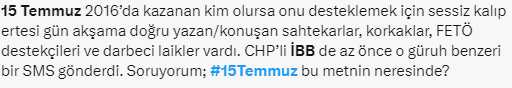 İBB'nin 15 Temmuz mesajı tepki çekti İBB'nin 15 Temmuz mesajı tepki çekti
