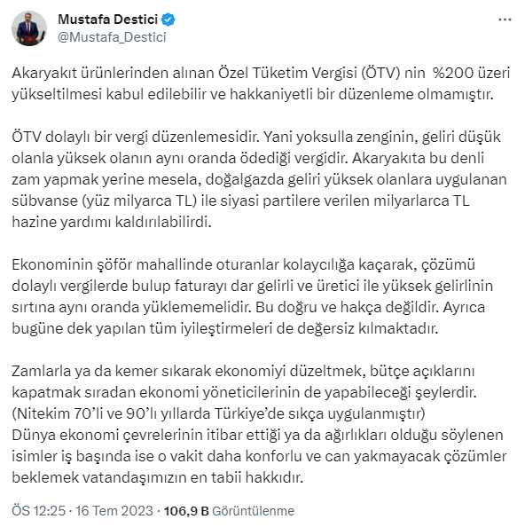 Akaryakıta ÖTV zammına tepki gösteren Mustafa Destici, isim vermeden Mehmet Şimşek'i hedef aldı Akaryakıta ÖTV zammına tepki gösteren Mustafa Destici, isim vermeden Mehmet Şimşek'i hedef aldı