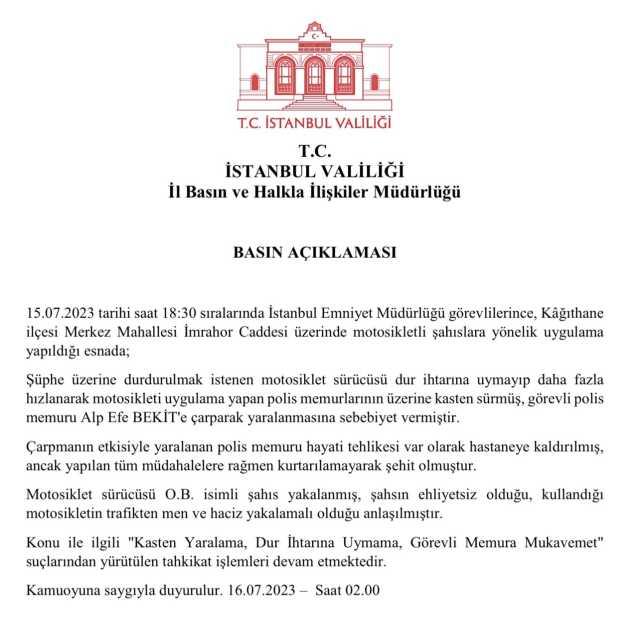 Dur ihtarına uymayıp polisi şehit eden caniyle ilgili Valilik'ten açıklama: Daha fazla hızlanarak kasten üzerlerine sürmüş Dur ihtarına uymayıp polisi şehit eden caniyle ilgili Valilik'ten açıklama: Daha fazla hızlanarak kasten üzerlerine sürmüş