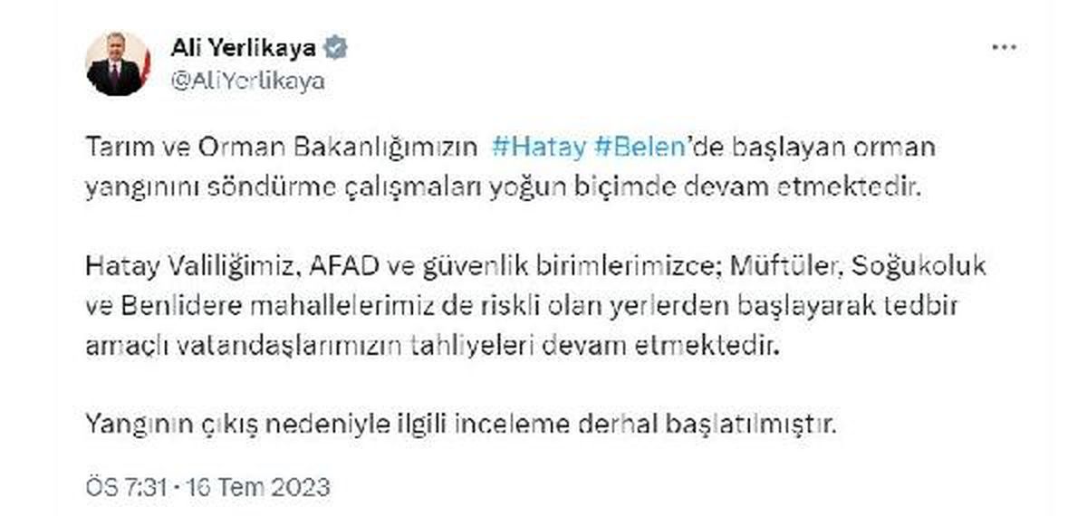 İçişleri Bakanı Yerlikaya, Hatay\'daki Orman Yangınıyla İlgili Açıklama Yaptı