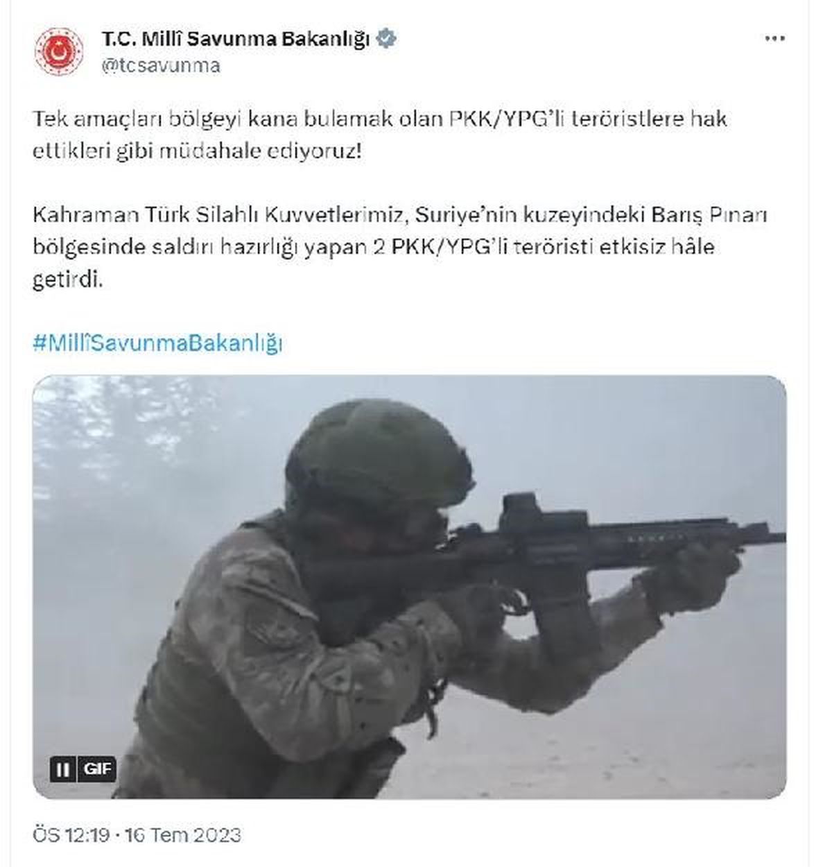 MSB: Barış Pınarı bölgesinde 2 PKK/YPG\'li terörist etkisiz hale getirildi