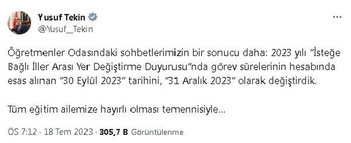 MEB, İsteğe Bağlı İller Arası Yer Değiştirme Duyurusunda Görev Sürelerini Değiştirdi