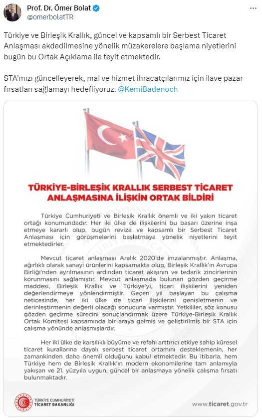 Birleşik Krallık ve Türkiye, Serbest Ticaret Anlaşmasını Genişletmek İçin Anlaştı Birleşik Krallık ve Türkiye, Serbest Ticaret Anlaşmasını Genişletmek İçin Anlaştı