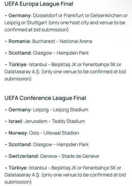 Devreye girdiler! 3 büyüklerden UEFA Avrupa Ligi ve Konferans Ligi finaline ev sahipliği için başvuru Devreye girdiler! 3 büyüklerden UEFA Avrupa Ligi ve Konferans Ligi finaline ev sahipliği için başvuru