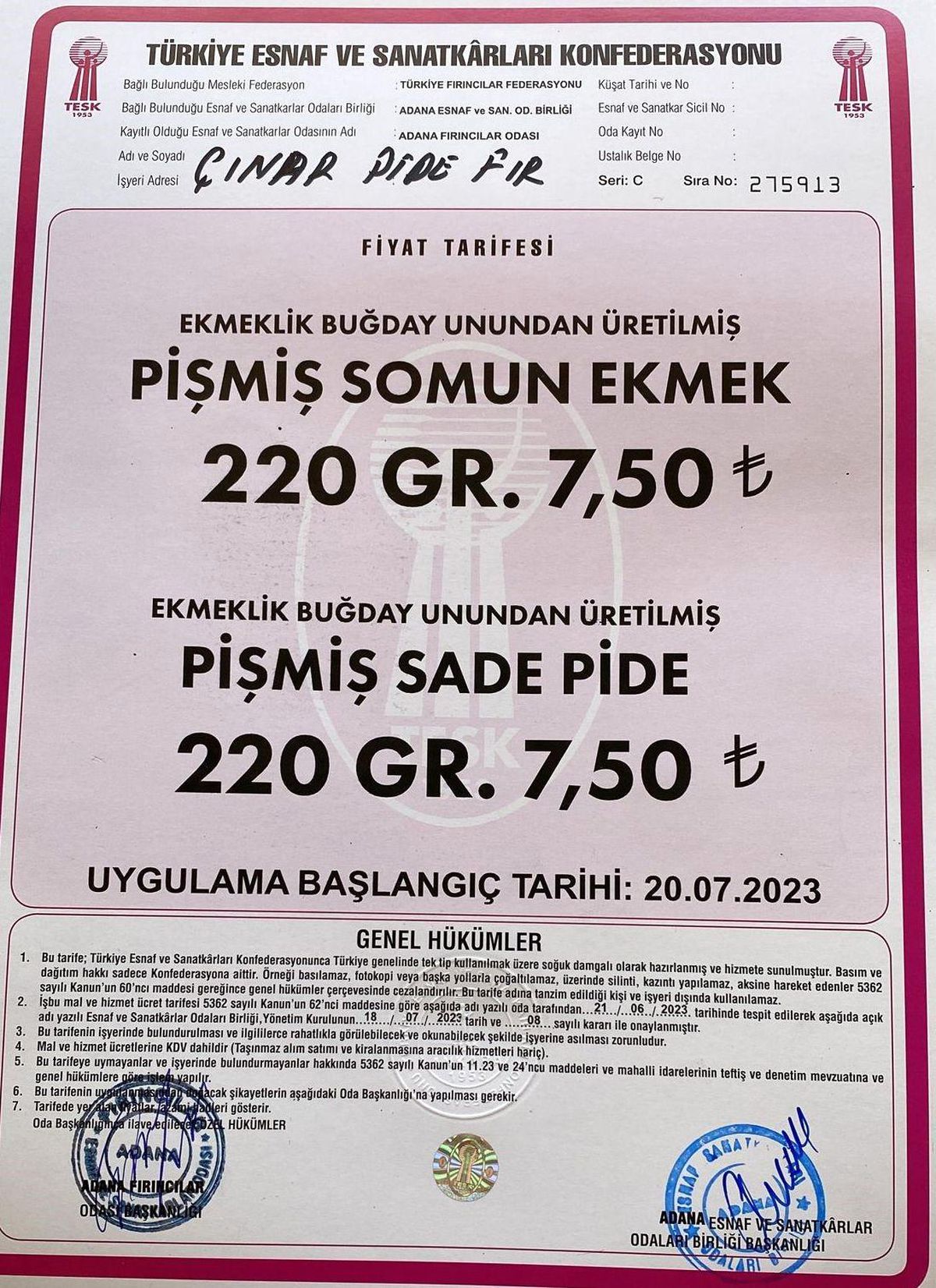 Ekmek Adana\'da 20 Temmuz\'dan itibaren 7.5 lira