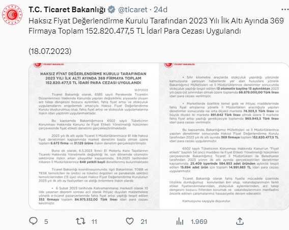 Ticaret Bakanlığı, İlk 6 Ayda 369 Firmaya 152 Milyon TL İdari Para Cezası Uyguladı Ticaret Bakanlığı, İlk 6 Ayda 369 Firmaya 152 Milyon TL İdari Para Cezası Uyguladı