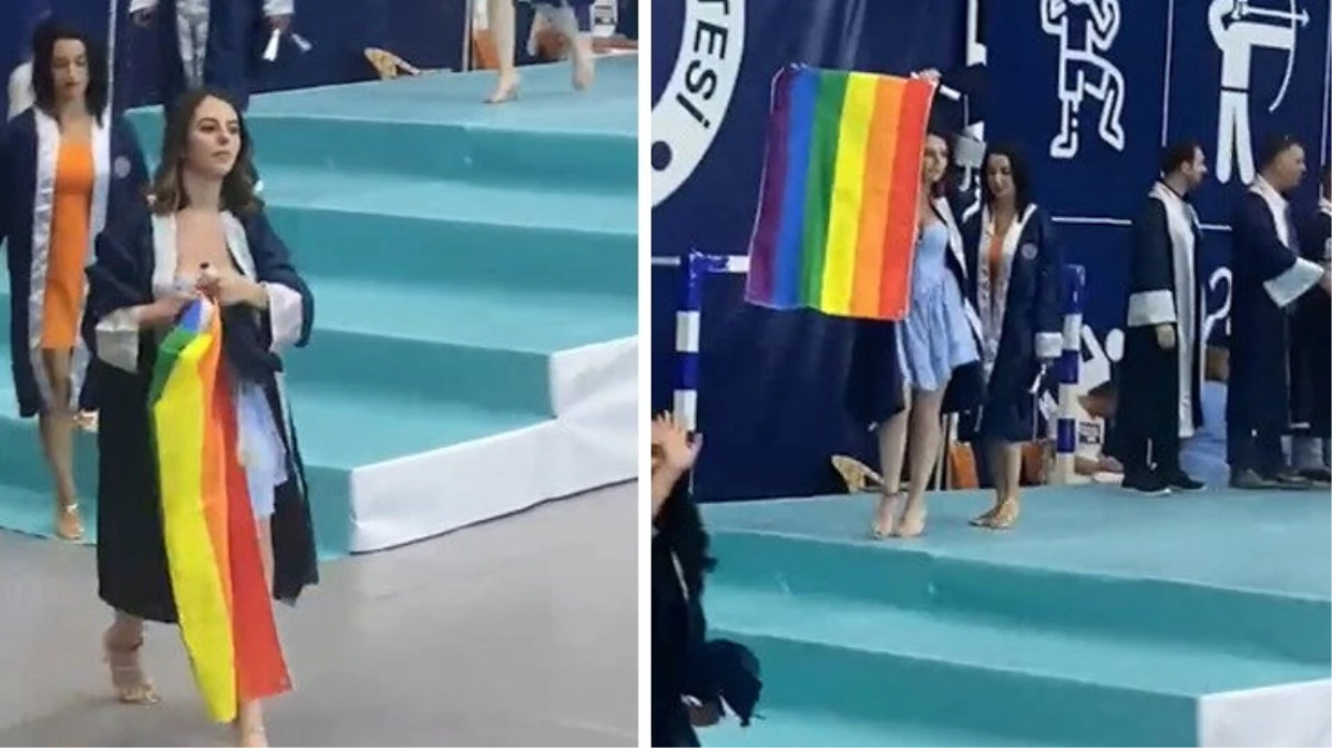 Uşak Üniversitesi Mezuniyet Töreninde Kız Öğrenci LGBT Bayrağı Açtı