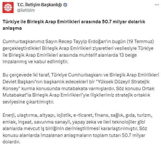 Son Dakika: Türkiye ile Birleşik Arap Emirlikleri arasında 50.7 milyar dolarlık anlaşma imzalandı Son Dakika: Türkiye ile Birleşik Arap Emirlikleri arasında 50.7 milyar dolarlık anlaşma imzalandı