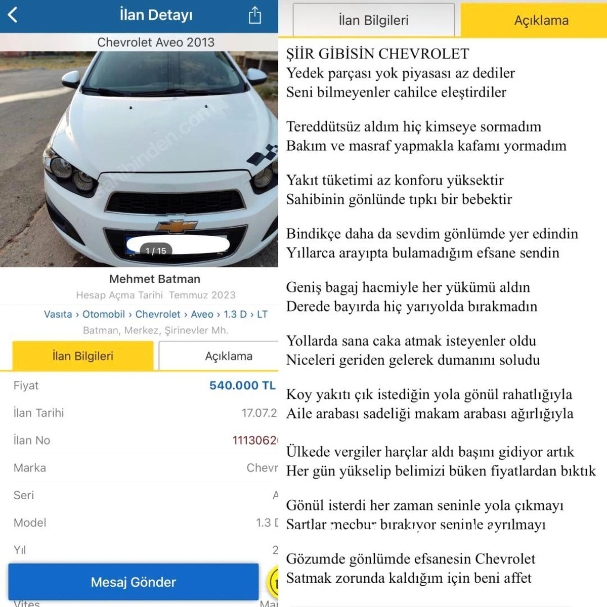 Batmanlı Vatandaş Arabasını Şiirle Satışa Sundu
