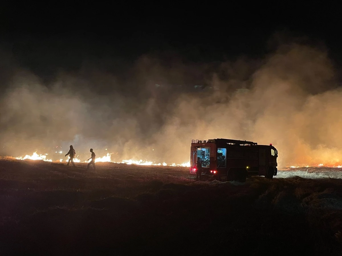 Çatalca\'da otluk alanda çıkan yangına itfaiye ekipleri müdahale ediyor