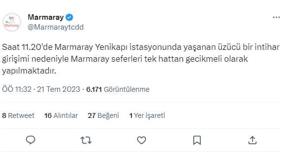 Marmaray'da intihar girişimi! Seferler gecikmeli yapılıyor Marmaray'da intihar girişimi! Seferler gecikmeli yapılıyor