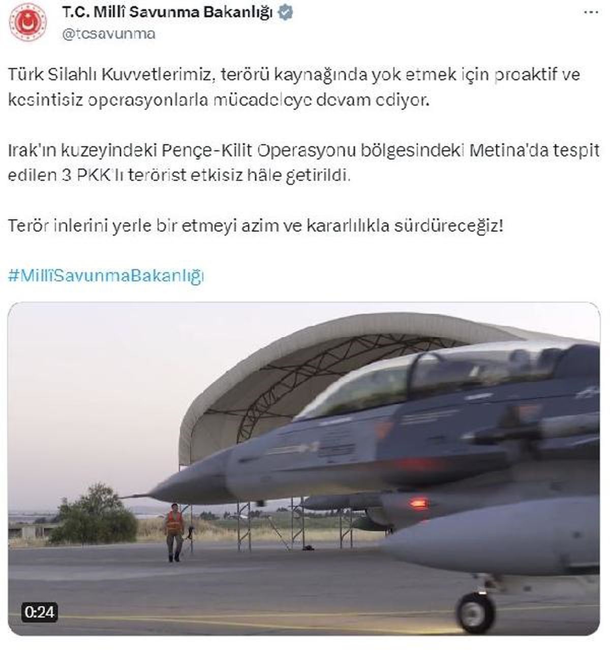 MSB: Metina\'da 3 PKK\'lı terörist etkisiz hale getirildi