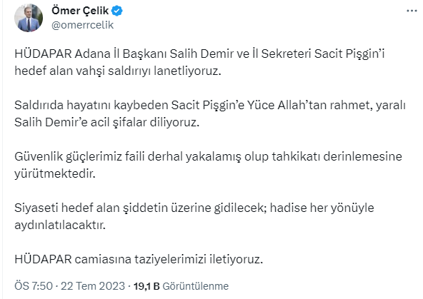 AK Parti Sözcüsü Ömer Çelik, HÜDA PAR Adana İl Binası'na yapılan saldırıyı kınadı