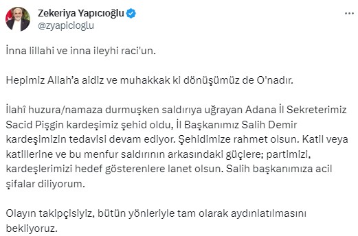 Saldırının ardından HÜDA PAR Genel Başkanı Yapıcıoğlu'ndan ilk açıklama: Olayın takipçisiyiz, aydınlatılmasını bekliyoruz