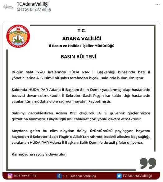 Son Dakika: Adana'da HÜDA PAR İl Başkanlığı'na bıçaklı saldırı! İl sekreteri hayatını kaybetti, il başkanı yaralandı