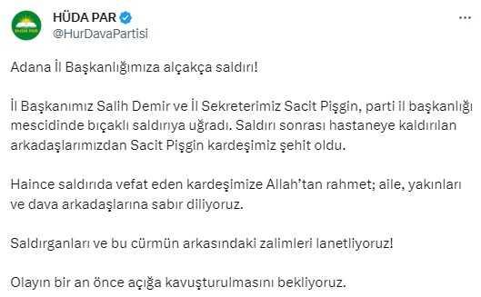 Son Dakika: Adana'da HÜDA PAR İl Başkanlığı'na bıçaklı saldırı! İl sekreteri hayatını kaybetti, il başkanı yaralandı