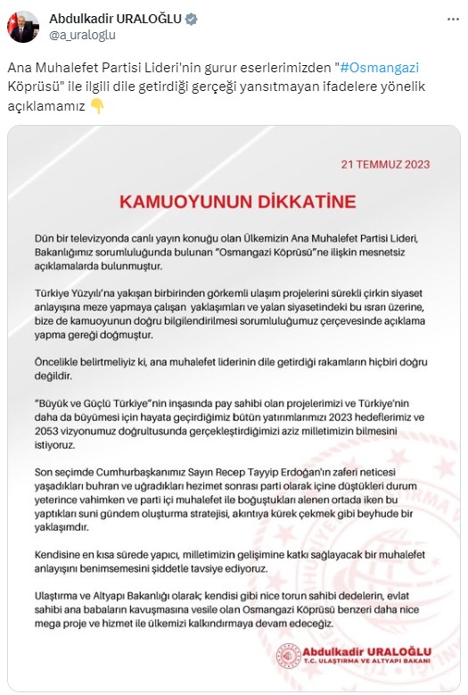 Ulaştırma Bakanı, Kılıçdaroğlu'nun Osmangazi Köprüsü açıklamalarını eleştirdi