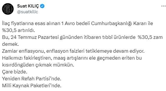 Yeniden Refah Partili Suat Kılıç, ilaç fiyatlarına gelen zamma isyan etti Yeniden Refah Partili Suat Kılıç, ilaç fiyatlarına gelen zamma isyan etti