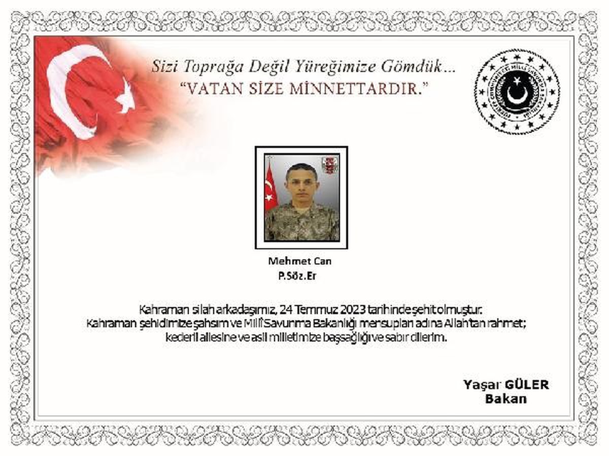 MSB\'den Pençe-Kilit Harekatı\'nda şehit olan Mehmet Can için açıklama