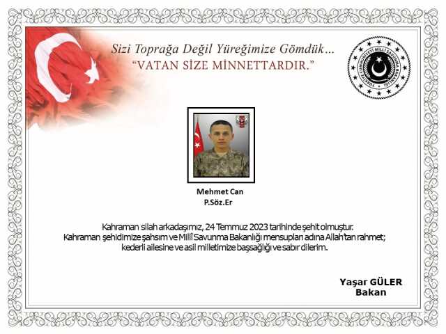 Son Dakika: Pençe-Kilit Harekatı bölgesinde teröristlerin taciz ateşi sonucu 1 askerimiz şehit oldu