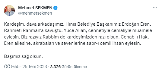 15 Temmuz'da konuşma yaparken kalp krizi geçiren Hınıs Belediye Başkanı Erdoğan Eren hayatını kaybetti