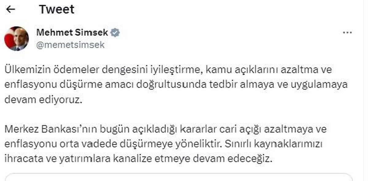 Bakan Şimşek: Ödemeler Dengesini İyileştirmeye Devam Ediyoruz