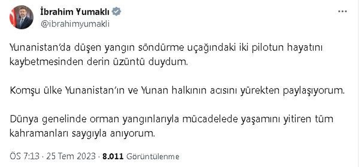 TARIM ve Orman Bakanı İbrahim Yumaklı, Yunanistan\'da hayatını kaybeden pilotlar için taziye mesajı yayınladı