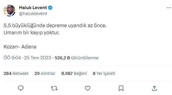 Bölgede bulunan Haluk Levent'ten Adana depremi paylaşımı