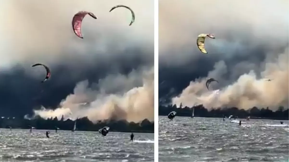 Yunanistan\'da yangın sırasında su sporu tutkunları keyiflerine devam etti