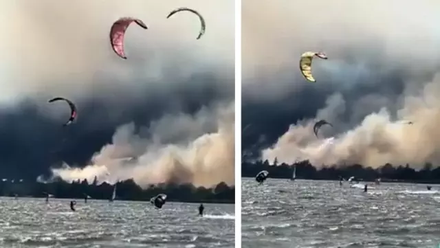 Ekipler yangınla mücadele ederken sörfçüler ve diğer su sporu tutkunlarının spor yapmaya devam ettikleri video sosyal medyada olay oldu